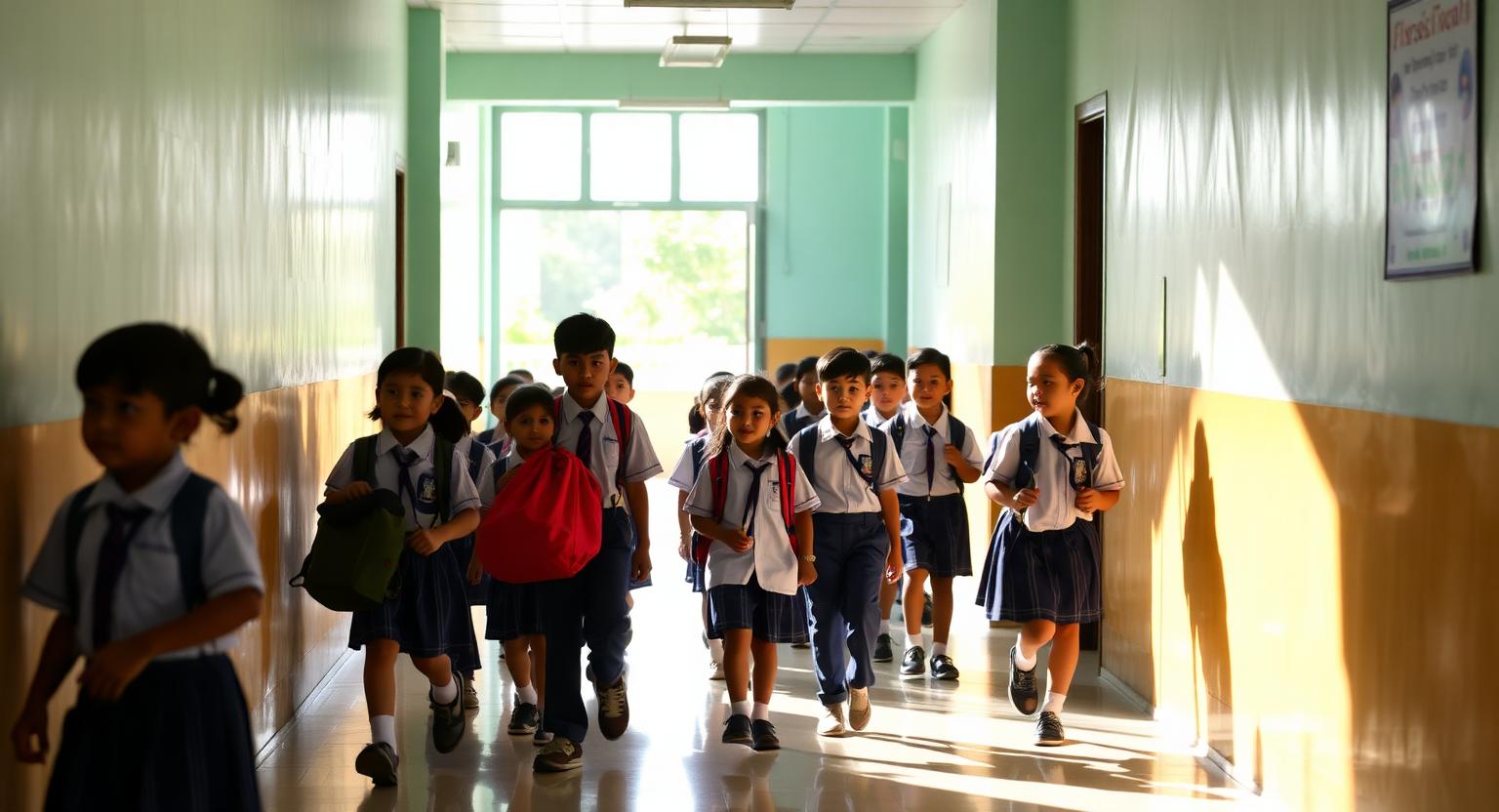 Students calmly evacuating a school corridor during a fire drill