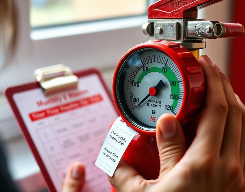A hand checking the pressure gauge of a fire extinguisher with a monthly inspection checklist