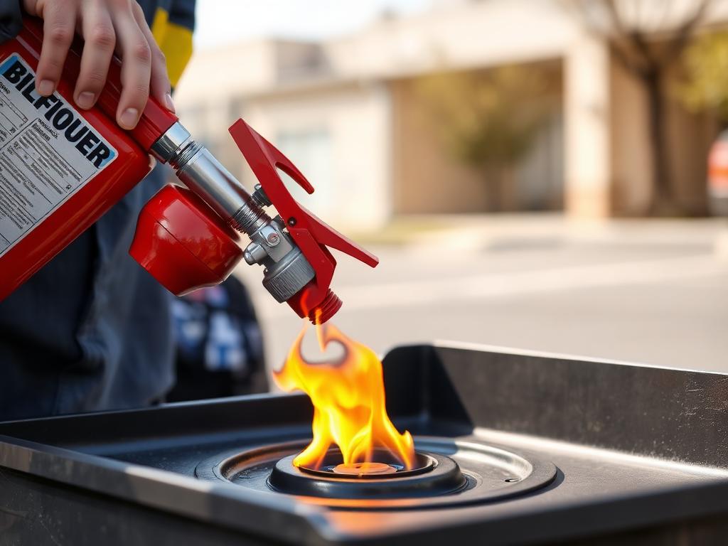 A fire extinguisher nozzle aimed low at the base of a small training flame