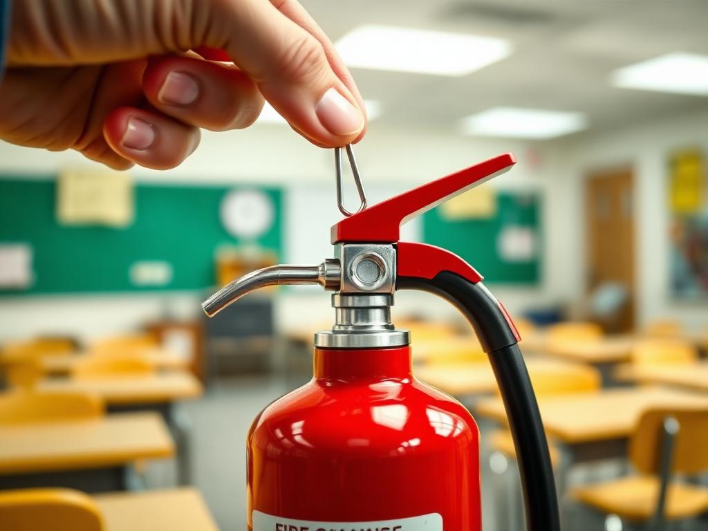 A hand pulling the safety pin from a red fire extinguisher in a classroom