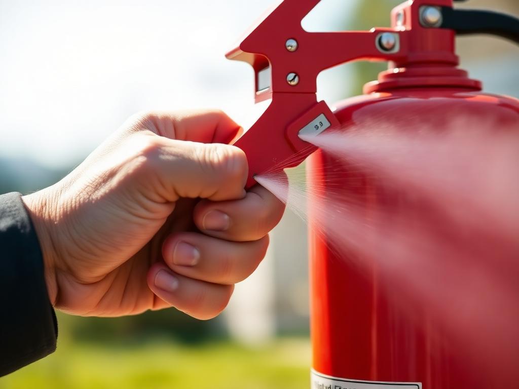 Hands squeezing the operating lever of a fire extinguisher as spray discharges