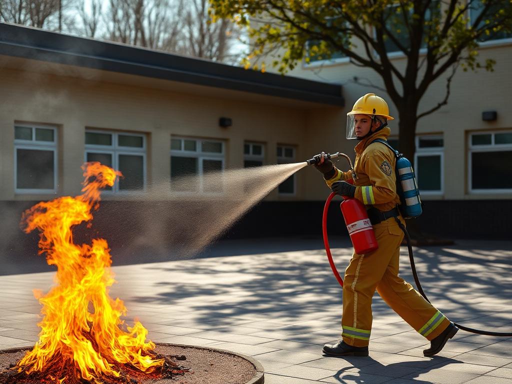 A trainer sweeping extinguisher spray side to side across the base of a training fire